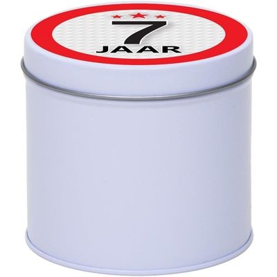 Cadeau/kado wit rond blik 7 jaar 10 cm Cadeau/kado wit rond blik 7 jaar 10 cm