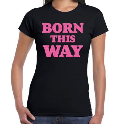 Gay Pride T-shirt dames - born this way - zwart - roze glitter - LHBTI