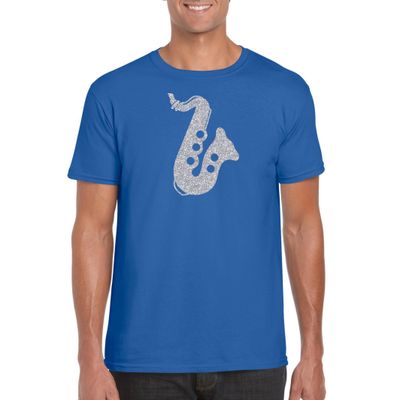 Zilveren saxofoon / muziek t-shirt / kleding blauw heren