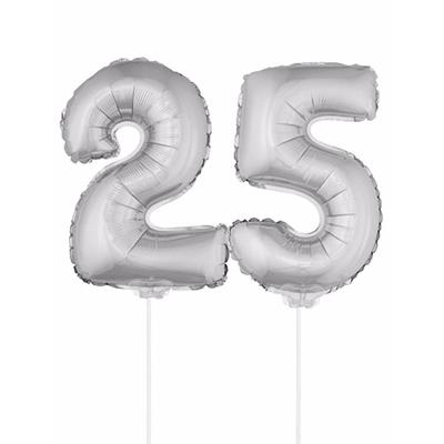 25 jaar leeftijd feestartikelen - versiering cijfers - zilver - ballonnen op stokje - van 41 cm 25 jaar leeftijd feestartikelen - versiering cijfers - zilver - ballonnen op stokje - van 41 cm