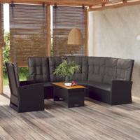 3-delige Loungeset met kussens poly rattan zwart
