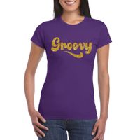 Paars Flower Power t-shirt Groovy met gouden letters dames - thumbnail