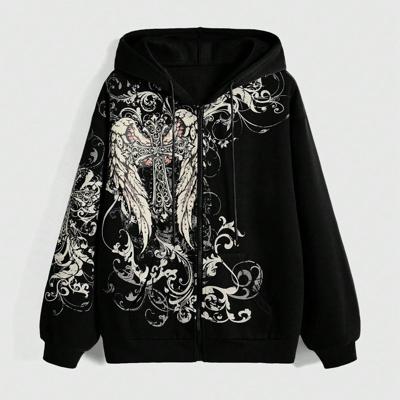 Bon&Bon Women's Grunge Punk Cross & Wings Graphic Zip-Up Hoodie Black / M