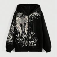Bon&Bon Women's Grunge Punk Cross & Wings Graphic Zip-Up Hoodie Black / M