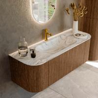Mondiaz KURVE-DLUX 130 cm Onderkast Greeploos 1 Lade Met Deuren Walnut, Wastafel Solid Surface Midden Glace 1 Kraangat Zonder Spiegel (KRVBGS130L+R1L2D1KM-Wal/Gla)