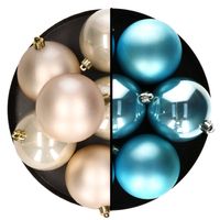 Decoris kerstballen - 12x st - 8 cm - champagne en blauw - kunststof - Kerstbal - thumbnail