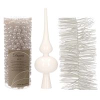 Witte kerstversiering/kerstdecoratie set piek, 1x folielslinger, 1x kralenslinger   -