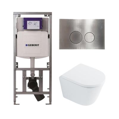 QeramiQ Dely Toiletset - 36.3x51.7cm - diepspoel - rimless - Geberit UP320 inbouwreservoir - met Burda frame - softclose toilet zitting 35 mm - steel bedieningsplaat - ronde knoppen - wit glans SW1026255 / SW1159505/0701131/SW706194