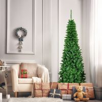 200cm Slanke Kerstboom met Warmwitte LED & Opvouwbare Kunstmatige Dennenboom met Metalen Standaard en PVC-Naalden Groen