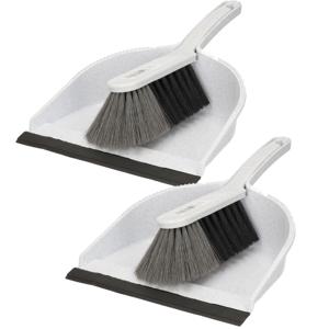 Stoffer en blik - 2x - kunststof - 36 x 23 cm - grijs - met rubber rand