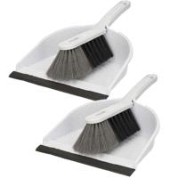 Stoffer en blik - 2x - kunststof - 36 x 23 cm - grijs - met rubber rand