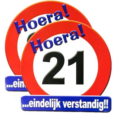 Hulde stopbord 21 jaar - 2x stuks - 50 x 50 cm - Feestartikelen/versiering verjaardag leeftijden - V