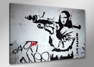 Schilderij - Banksy Mona Lisa, Zwart-Wit, 80X60cm, 1luik