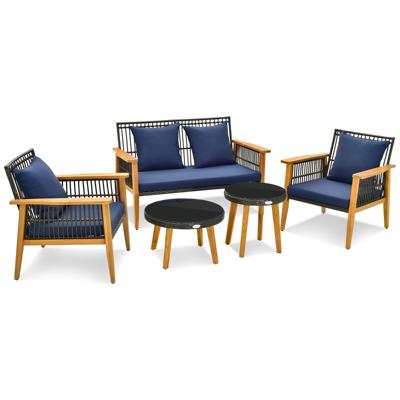 5-Delige Set Buitenmeubilair Set Rotan Stoelen en 2 Salontafels Frame van Acaciahout Zit- en Rugkussens Rieten Meubilair voor Tuin Terras
