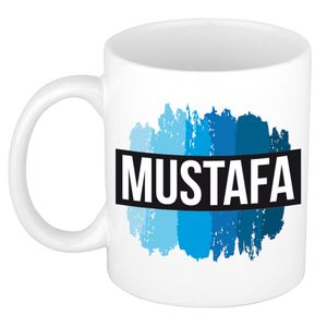 Naam cadeau mok / beker Mustafa met blauwe verfstrepen 300 ml   -