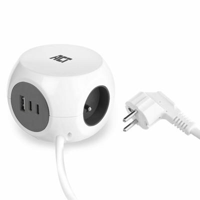 ACT Connectivity Stekkerdoos kubus met 3 stopcontacten, 30W Power Delivery USB-C/A poorten, kabellengte 1,5m