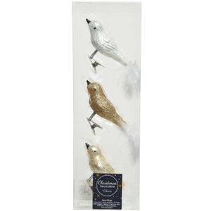 3x stuks glazen decoratie vogels op clip champagne/wit/bruin 8 cm