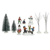 8x stuks kerstdorp accessoires figuurtjes/poppetjes en kerstboompje - thumbnail