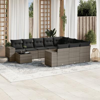 11-delige Loungeset met kussens poly rattan grijs