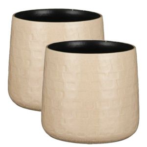 2x Stuks Plantenpotten/bloempotten keramiek beige relief - D15 cm