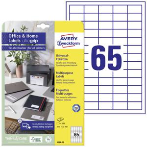 Avery-Zweckform 3666-10 Universele etiketten 38 x 21.2 mm Papier Wit 650 stuk(s) Permanent hechtend Inkjet, Laser (zwart/wit), Laser (kleur), Kopiëren