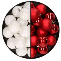 32x stuks kunststof kerstballen mix van wit en rood 4 cm