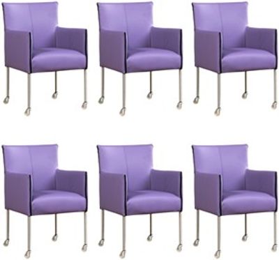 Set van 6 Lichtpaarse leren moderne kuipstoel More - poot rond rvs met wiel - Toledo Leer Lila (lichtpaars leer)