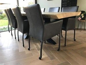 Set van 8 leren eetkamerstoelen - met wieltjes en armleuning - zwart leer - Echt leer, Modern, ontdek de vele Leersoorten en Kleuren bij ShopX