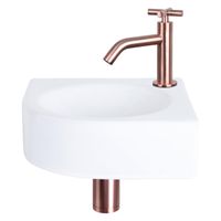 Differnz Cleo fonteinset - 30x30x10cm - Kwartrond - 1 kraangat - Gebogen rose koper kraan - kruisgreep - Keramiek Wit 38.401.17