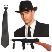 Gangster/maffia/roaring Twenties verkleed set - gleufhoed zwart - stropdas en machinegeweer