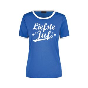 Liefste juf cadeau ringer t-shirt blauw met witte randjes voor dames - Einde schooljaar/juffendag cadeau XL  -