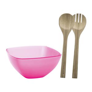 Serveerschaal/slakom met bamboe sla bestek - fuchsia roze - 2,75 liter - kunststof - D22,5 x H9,5 cm - Serveerschalen