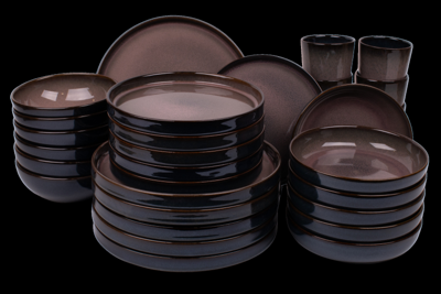30 delige serviesset - 6 persoons - Vila Nova - roze met blauw - rechtopstaande rand - Portugees stoneware
