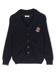 Brunello Cucinelli Kids cardigan en maille à patch logo - Bleu