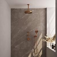 BRAUER Stripe Thermostatische Inbouw Regendouche - SET 06 - 25cm douchekop - plafondarm - 3-standen handdouche - doucheslang - wandaansluitbocht - koper geborsteld PVD 5-GK-375