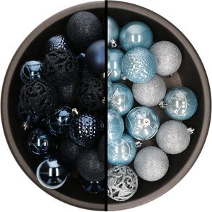 Kunststof kerstballen 74x stuks donkerblauw en lichtblauw 6 cm