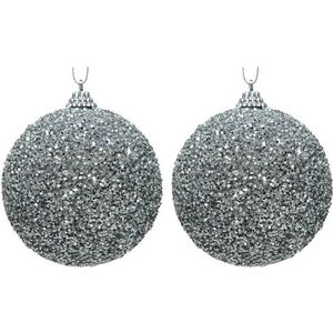2x Kerstballen zilveren glitters 8 cm met kralen kunststof kerstboom versiering/decoratie   -