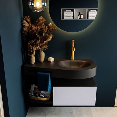 MONDIAZ RIVA 100cm badmeubel onderkast / planchet kleur Cale met 1 lade. Wastafel DULCET rechts 1 kraangat kleur Urban.