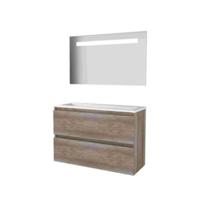 Basic-Line Economic 39 Badkamermeubelset - Ondiep - 100 x 39 cm - Greeploos - 2 Lades - Acryl Wastafel - 2 Kraangaten - Spiegel met LED Verlichting - Scotch Oak
