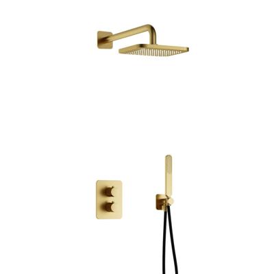 Hotbath Gal - Inbouw Regendoucheset - Geborsteld Messing PVD - Thermostatisch - Wandarm 35 cm - Hoofddouche 220 mm - Staafhanddouche - met 2-Weg Stop-Omstel