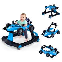 4 in-1 Loopwagen met Instelbare Hoogte en Snelheid Babykart met Anti-Slip Pads Inklapbare Babywandelaar Blauw