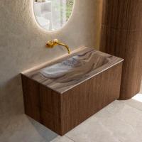 Badmeubel Mondiaz Kurve-Dlux | 80 cm | Meubelkleur Walnut | Wastafelkleur Sombra | Solid surface | Wasbak midden spoelbak | Zonder kraangat(en)