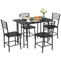 5-Delige Eettafel Set Rechthoekige Tafel en 4 Keukenstoelen met Roestbestendige Metalen Poten Brede Zitting voor Eethoek Eetkamer Zwart
