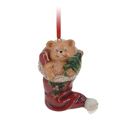 Kersthanger kerstmuts met beertje - rood - 8 cm - keramiek - kerstornament - kerstboomversiering