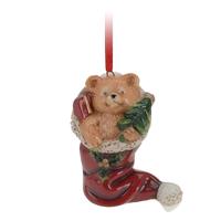 Kersthanger kerstmuts met beertje - rood - 8 cm - keramiek - kerstornament - kerstboomversiering