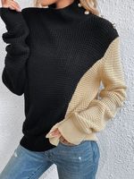 Loose Turtleneck Color Block Splicing Buttons Wool/Knitting Sweater - thumbnail