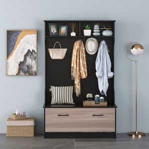 Kapstok met Zitbank en 5 Dubbele Haken Garderobe met Open Vakken en Schoenenkast Halgarderobe voor Entree Slaapkamer (Zwart)