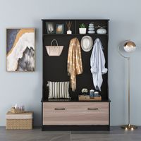 Kapstok met Zitbank en 5 Dubbele Haken Garderobe met Open Vakken en Schoenenkast Halgarderobe voor Entree Slaapkamer (Zwart)