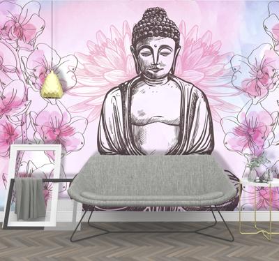 Zen ruimte fotobehang tekening Boeddha met bloemen