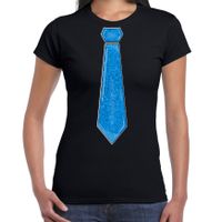 Verkleed t-shirt voor dames - stropdas glitter blauw - zwart - carnaval - foute party